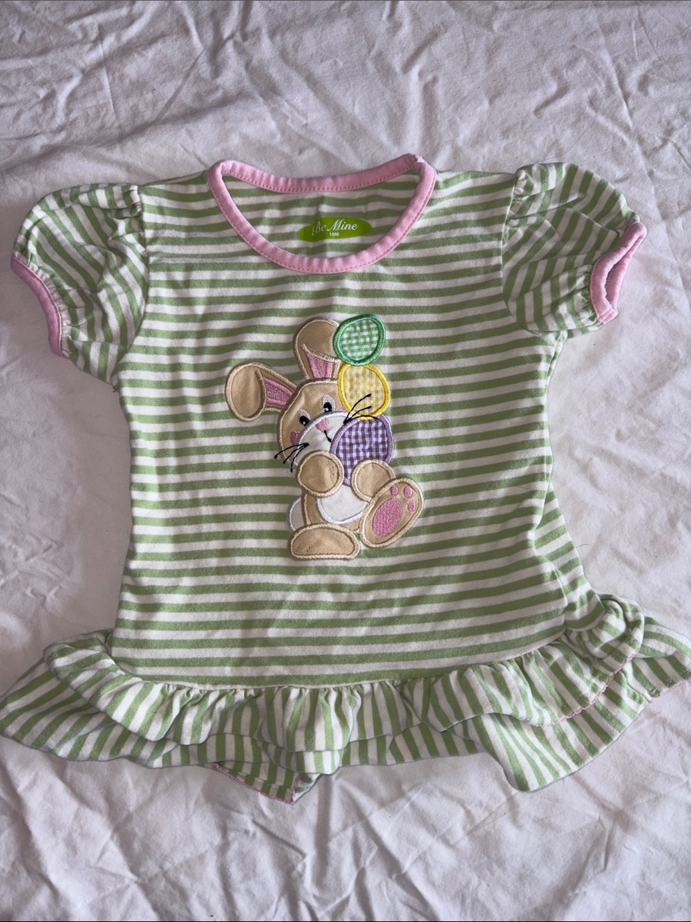 mine Green & White Striped Ruffle Hem Top with Pink Trim
